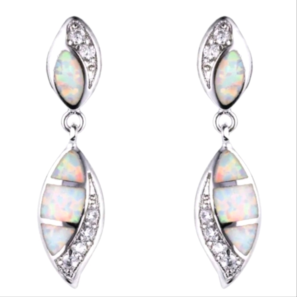 NEW Silver Synthetic White leaf shape Opal stud dangle earrings Small
